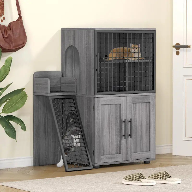 Modern Double Layer Cat Litter Box Enclosure, Hidden Cat Litter Box