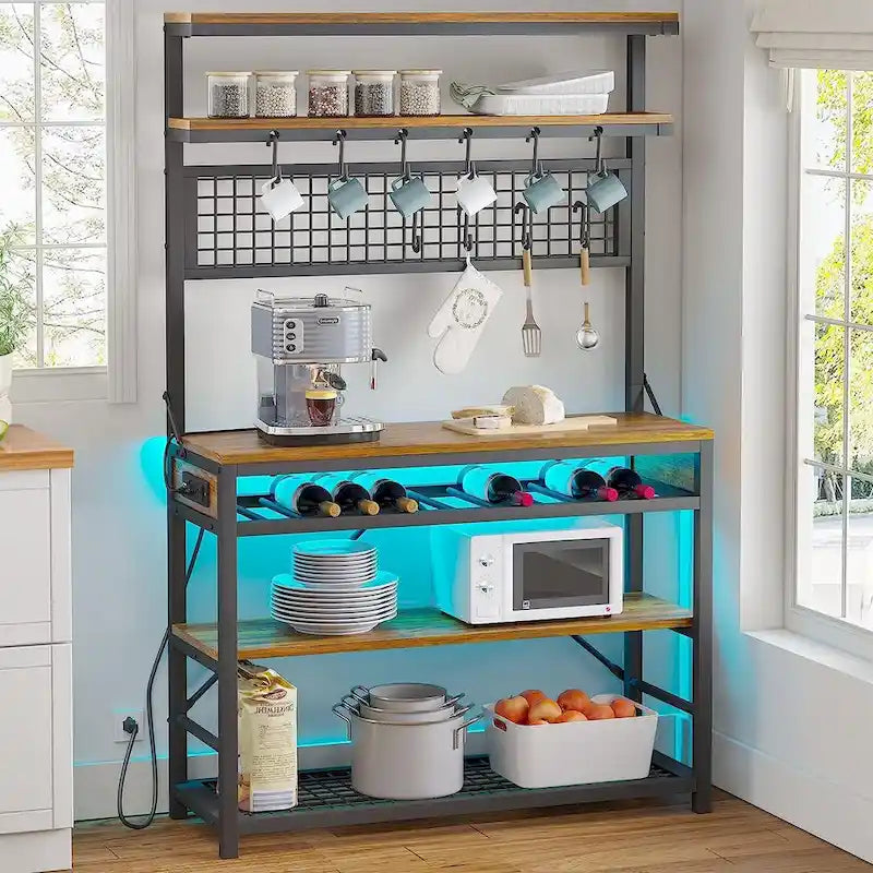 Bakers Rack with Power Outlet 6-Tier Coffee Bar Microwave Stand