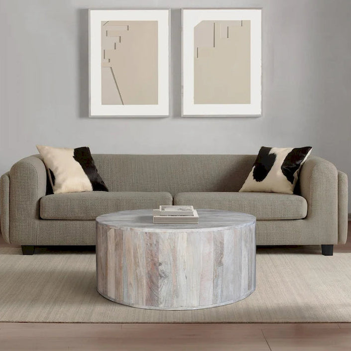 36 Inch Coffee Table, Handcrafted Drum Shape, Washed White Mango Wood