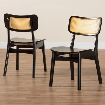 Tafari Mid-Century Modern Wood and Rattan 2-Piece Dining Chair Set