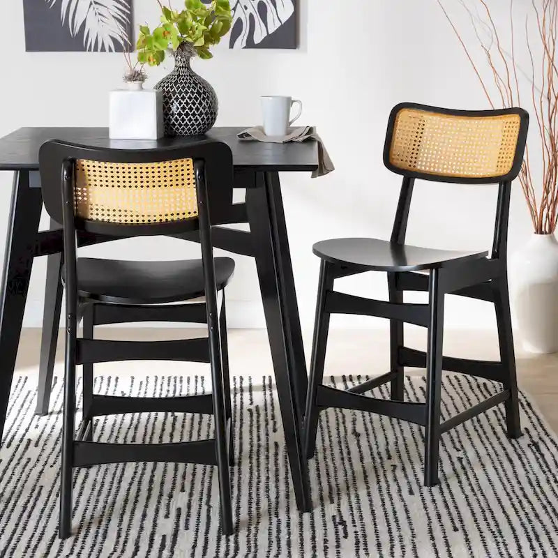 Tafari Mid-Century Modern Wood and Rattan 2-Piece Dining Chair Set