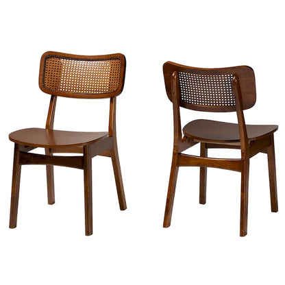 Tafari Mid-Century Modern Wood and Rattan 2-Piece Dining Chair Set