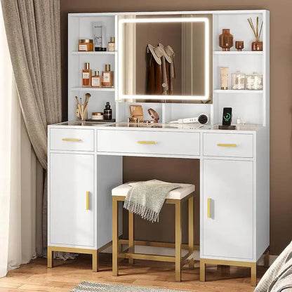 Makeup Vanity Set with Lights in 3 Colors Glass Desktop