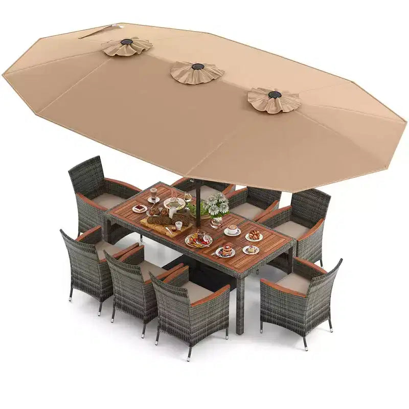 Costway 10 Pieces Patio Wicker Dining Set with Double-Sided Patio Umbrella 8 Armchairs Grey/Red/Orange/Turquoise/Beige/Coffee