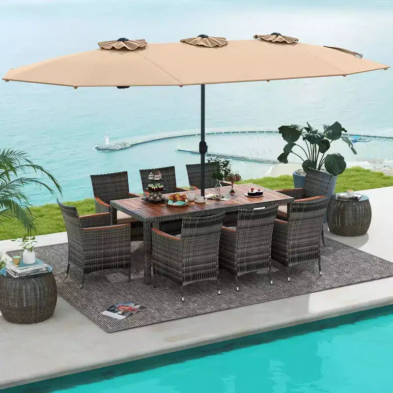 Costway 10 Pieces Patio Wicker Dining Set with Double-Sided Patio Umbrella 8 Armchairs Grey/Red/Orange/Turquoise/Beige/Coffee