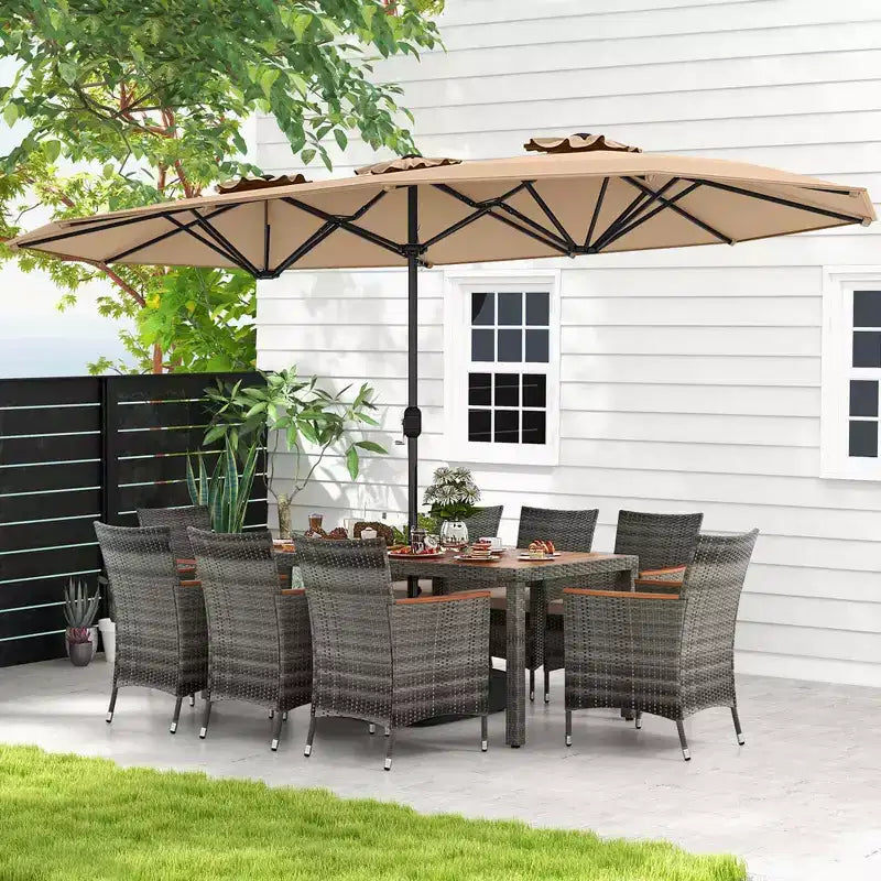 Costway 10 Pieces Patio Wicker Dining Set with Double-Sided Patio Umbrella 8 Armchairs Grey/Red/Orange/Turquoise/Beige/Coffee