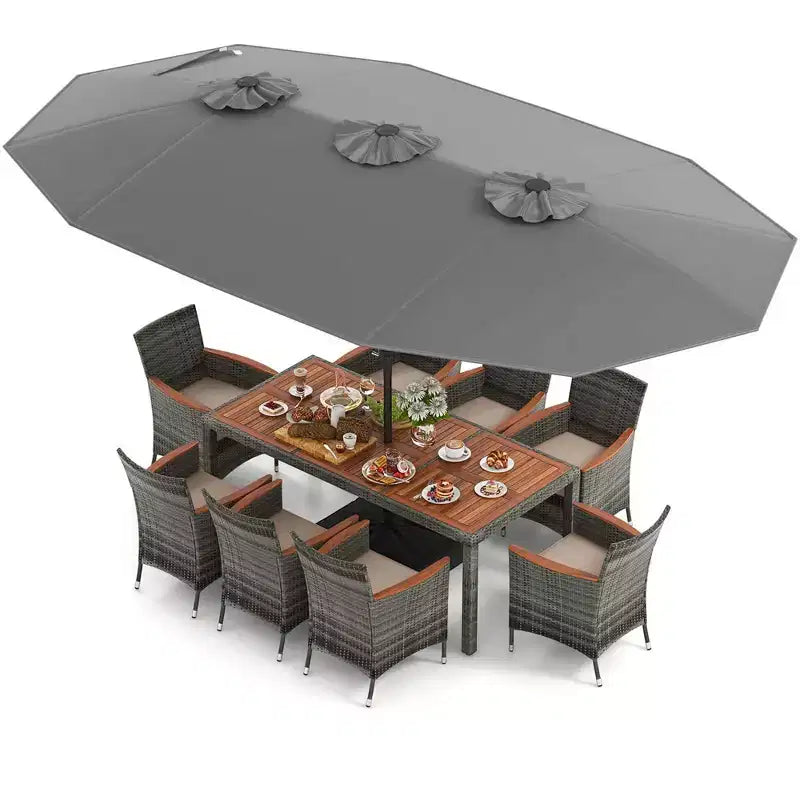 Costway 10 Pieces Patio Wicker Dining Set with Double-Sided Patio Umbrella 8 Armchairs Grey/Red/Orange/Turquoise/Beige/Coffee