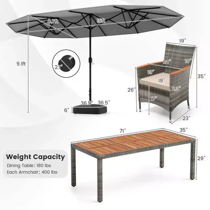 Costway 10 Pieces Patio Wicker Dining Set with Double-Sided Patio Umbrella 8 Armchairs Grey/Red/Orange/Turquoise/Beige/Coffee