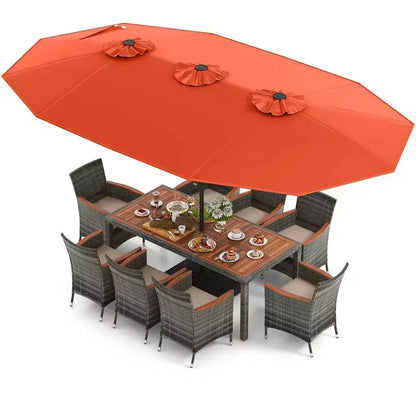 Costway 10 Pieces Patio Wicker Dining Set with Double-Sided Patio Umbrella 8 Armchairs Grey/Red/Orange/Turquoise/Beige/Coffee