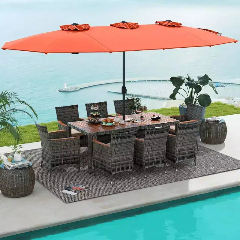 Costway 10 Pieces Patio Wicker Dining Set with Double-Sided Patio Umbrella 8 Armchairs Grey/Red/Orange/Turquoise/Beige/Coffee