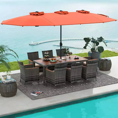 Costway 10 Pieces Patio Wicker Dining Set with Double-Sided Patio Umbrella 8 Armchairs Grey/Red/Orange/Turquoise/Beige/Coffee