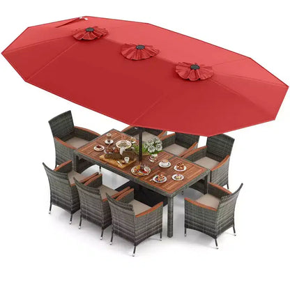 Costway 10 Pieces Patio Wicker Dining Set with Double-Sided Patio Umbrella 8 Armchairs Grey/Red/Orange/Turquoise/Beige/Coffee