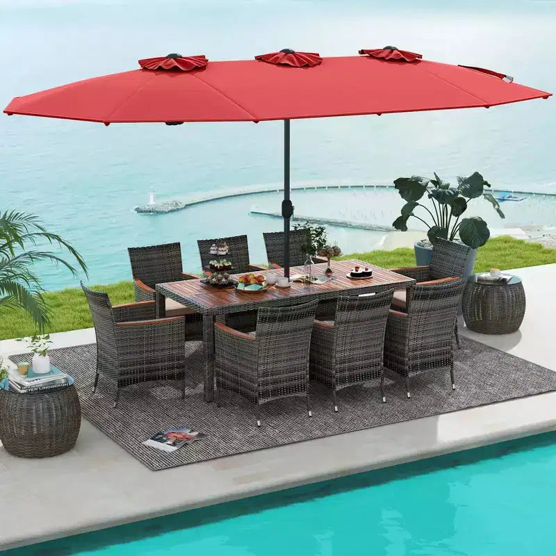 Costway 10 Pieces Patio Wicker Dining Set with Double-Sided Patio Umbrella 8 Armchairs Grey/Red/Orange/Turquoise/Beige/Coffee