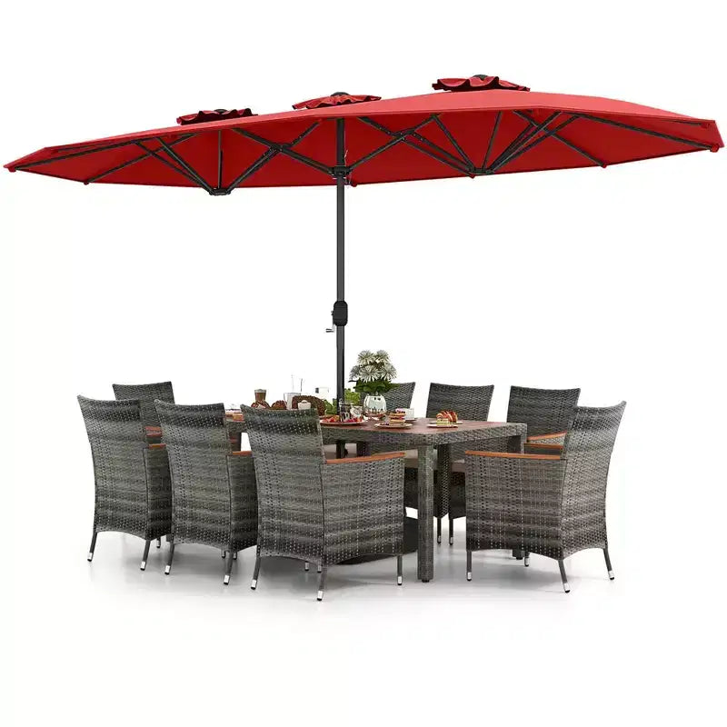 Costway 10 Pieces Patio Wicker Dining Set with Double-Sided Patio Umbrella 8 Armchairs Grey/Red/Orange/Turquoise/Beige/Coffee