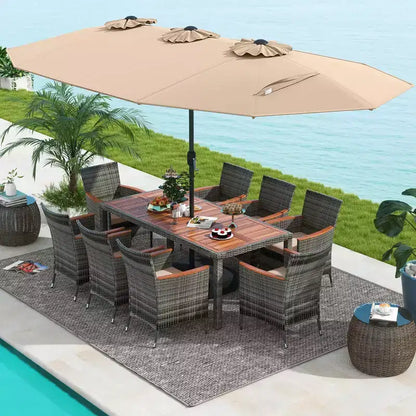 Costway 10 Pieces Patio Wicker Dining Set with Double-Sided Patio Umbrella 8 Armchairs Grey/Red/Orange/Turquoise/Beige/Coffee