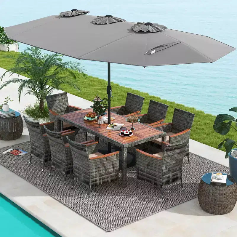 Costway 10 Pieces Patio Wicker Dining Set with Double-Sided Patio Umbrella 8 Armchairs Grey/Red/Orange/Turquoise/Beige/Coffee