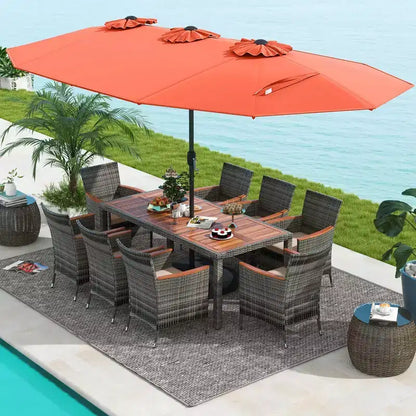 Costway 10 Pieces Patio Wicker Dining Set with Double-Sided Patio Umbrella 8 Armchairs Grey/Red/Orange/Turquoise/Beige/Coffee
