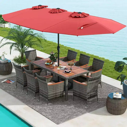 Costway 10 Pieces Patio Wicker Dining Set with Double-Sided Patio Umbrella 8 Armchairs Grey/Red/Orange/Turquoise/Beige/Coffee