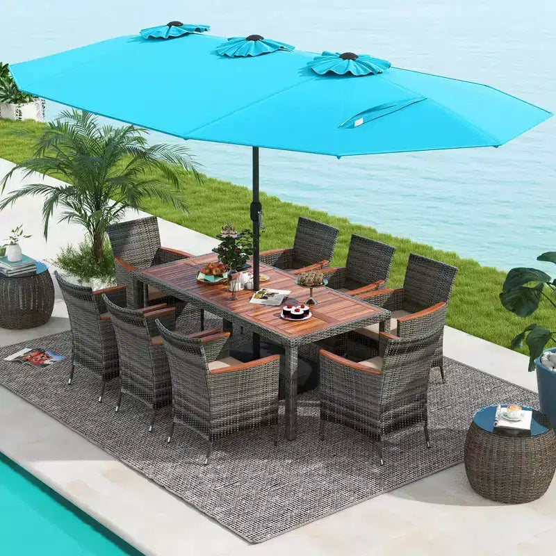 Costway 10 Pieces Patio Wicker Dining Set with Double-Sided Patio Umbrella 8 Armchairs Grey/Red/Orange/Turquoise/Beige/Coffee