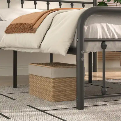 Black Metal Bed Frame with Vintage Headboard and Footboard,No Box Spring Needed,Premium Stable Steel Slat Support,Black