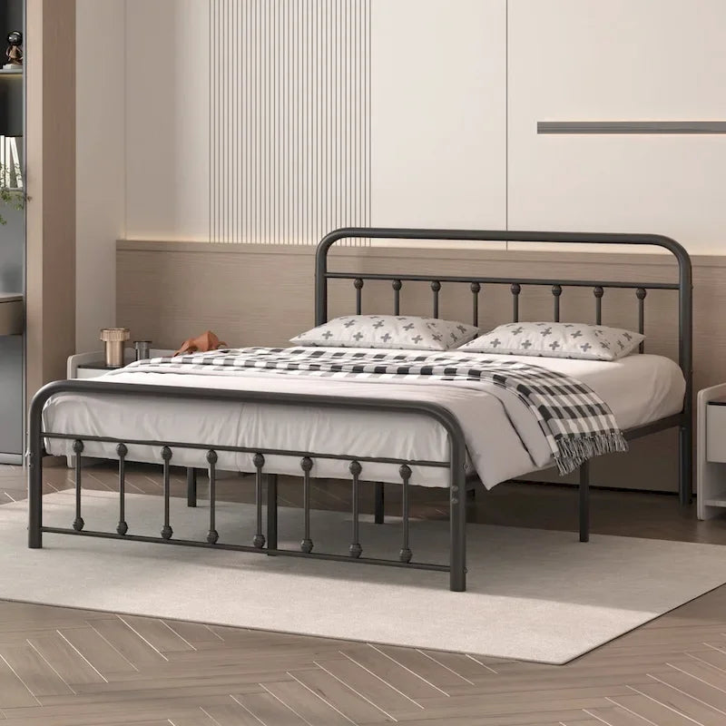 Black Metal Bed Frame with Vintage Headboard and Footboard,No Box Spring Needed,Premium Stable Steel Slat Support,Black