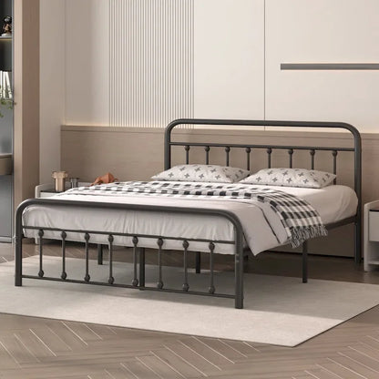 Black Metal Bed Frame with Vintage Headboard and Footboard,No Box Spring Needed,Premium Stable Steel Slat Support,Black