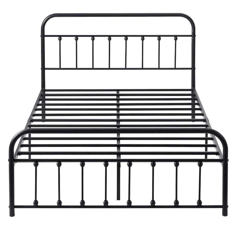 Black Metal Bed Frame with Vintage Headboard and Footboard,No Box Spring Needed,Premium Stable Steel Slat Support,Black