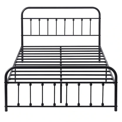 Black Metal Bed Frame with Vintage Headboard and Footboard,No Box Spring Needed,Premium Stable Steel Slat Support,Black