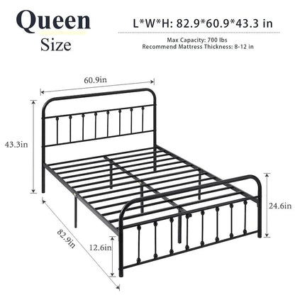 Black Metal Bed Frame with Vintage Headboard and Footboard,No Box Spring Needed,Premium Stable Steel Slat Support,Black
