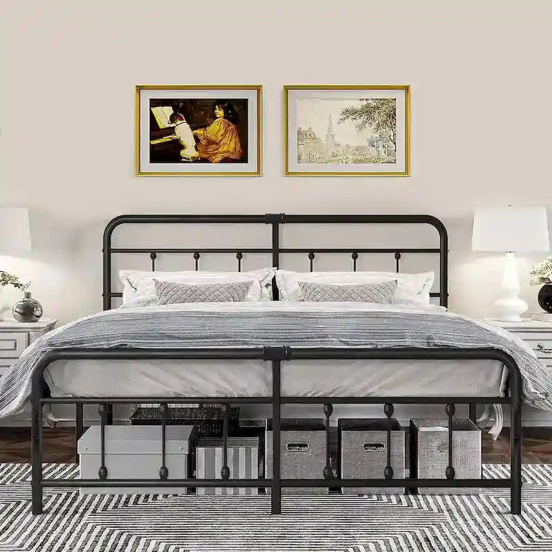 Black Metal Bed Frame with Vintage Headboard and Footboard,No Box Spring Needed,Premium Stable Steel Slat Support,Black