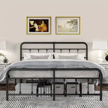 Black Metal Bed Frame with Vintage Headboard and Footboard,No Box Spring Needed,Premium Stable Steel Slat Support,Black