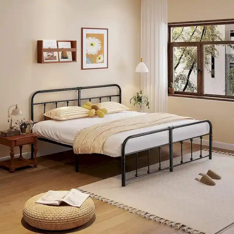 Black Metal Bed Frame with Vintage Headboard and Footboard,No Box Spring Needed,Premium Stable Steel Slat Support,Black