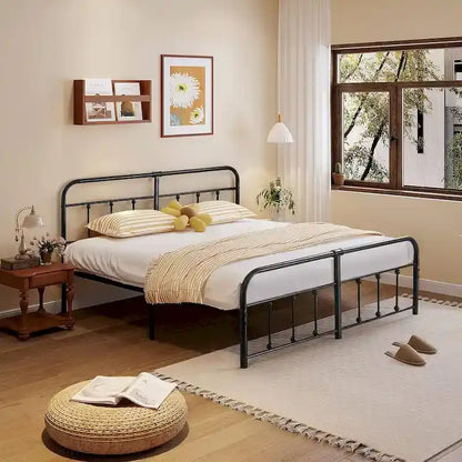 Black Metal Bed Frame with Vintage Headboard and Footboard,No Box Spring Needed,Premium Stable Steel Slat Support,Black