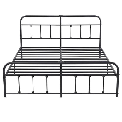 Black Metal Bed Frame with Vintage Headboard and Footboard,No Box Spring Needed,Premium Stable Steel Slat Support,Black