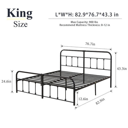 Black Metal Bed Frame with Vintage Headboard and Footboard,No Box Spring Needed,Premium Stable Steel Slat Support,Black