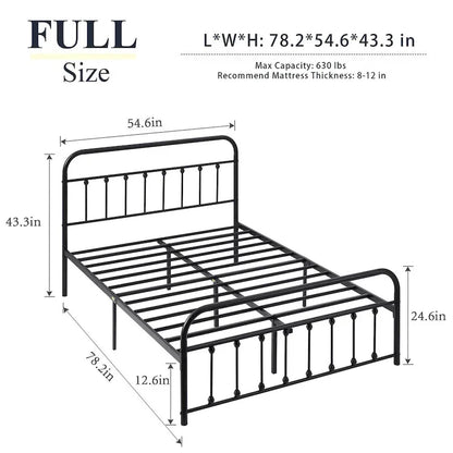 Black Metal Bed Frame with Vintage Headboard and Footboard,No Box Spring Needed,Premium Stable Steel Slat Support,Black