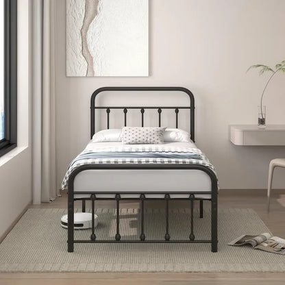 Black Metal Bed Frame with Vintage Headboard and Footboard,No Box Spring Needed,Premium Stable Steel Slat Support,Black