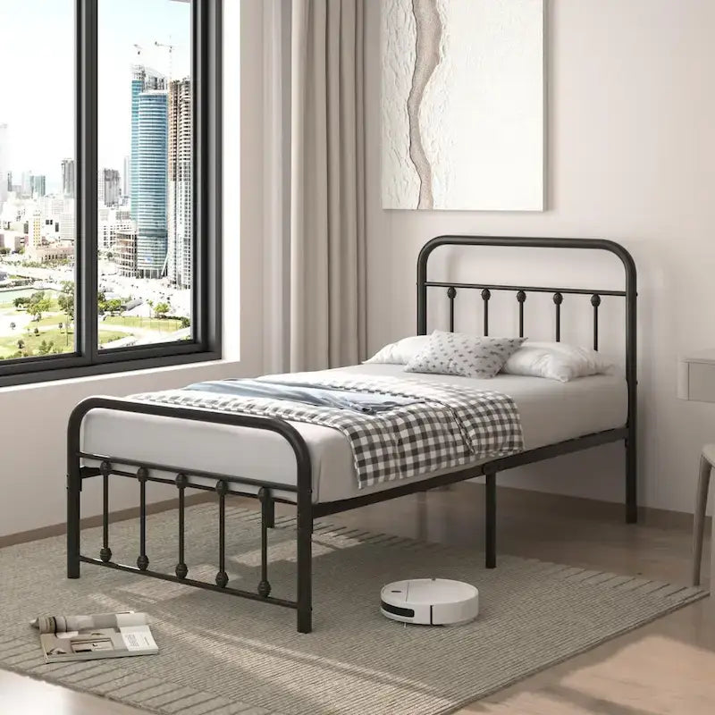 Black Metal Bed Frame with Vintage Headboard and Footboard,No Box Spring Needed,Premium Stable Steel Slat Support,Black