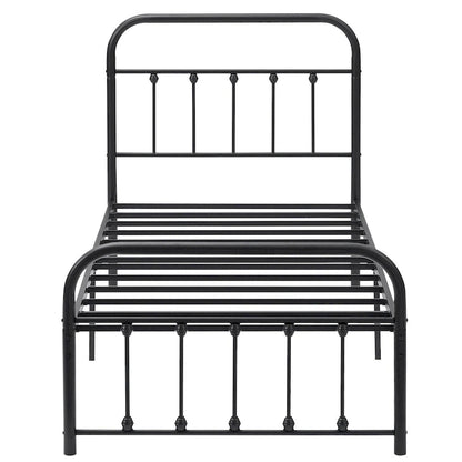Black Metal Bed Frame with Vintage Headboard and Footboard,No Box Spring Needed,Premium Stable Steel Slat Support,Black