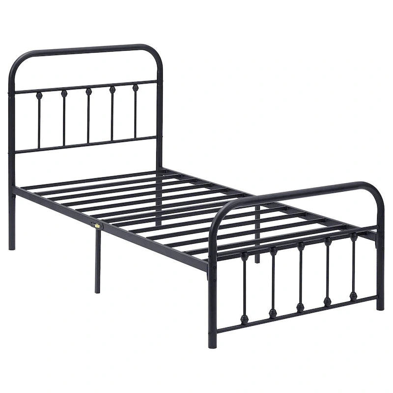 Black Metal Bed Frame with Vintage Headboard and Footboard,No Box Spring Needed,Premium Stable Steel Slat Support,Black