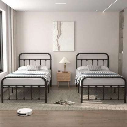 Black Metal Bed Frame with Vintage Headboard and Footboard,No Box Spring Needed,Premium Stable Steel Slat Support,Black