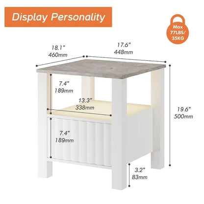End Side Table with LED Light, White Nightstand with Storage(Set of 2)