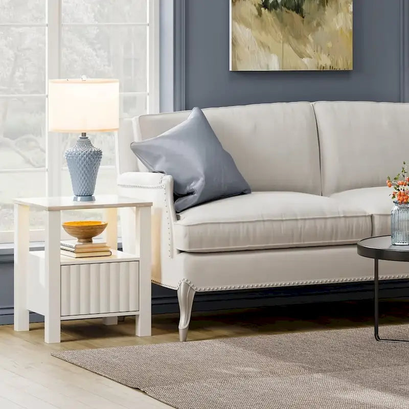 End Side Table with LED Light, White Nightstand with Storage(Set of 2)