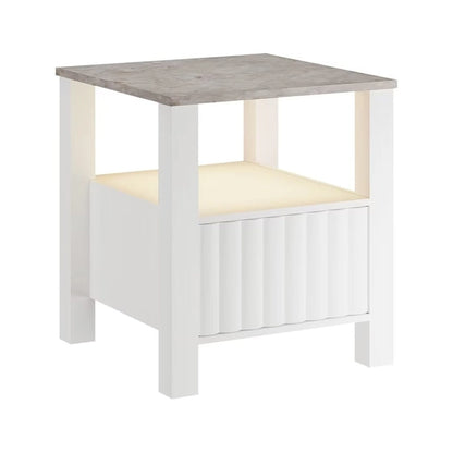 End Side Table with LED Light, White Nightstand with Storage(Set of 2)