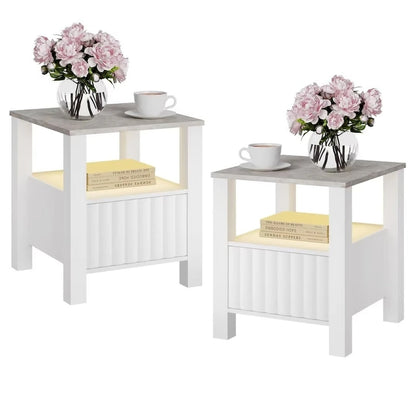End Side Table with LED Light, White Nightstand with Storage(Set of 2)