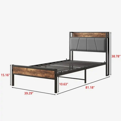 Twin Size Bed Frame, Storage Headboard with Charging Station, Solid and Stable, Black