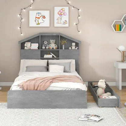 Wood Platform Bed with House-shaped Storage Headboard and 2 Drawer