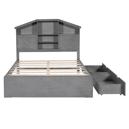 Wood Platform Bed with House-shaped Storage Headboard and 2 Drawer