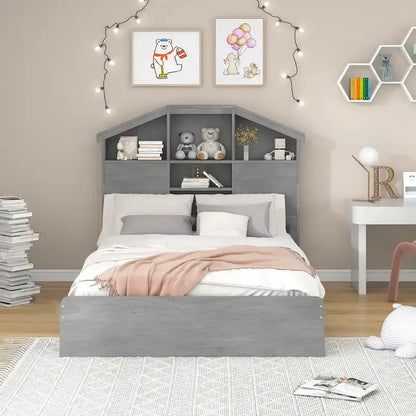 Wood Platform Bed with House-shaped Storage Headboard and 2 Drawer