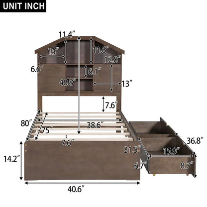 Wood Platform Bed with House-shaped Storage Headboard and 2 Drawer